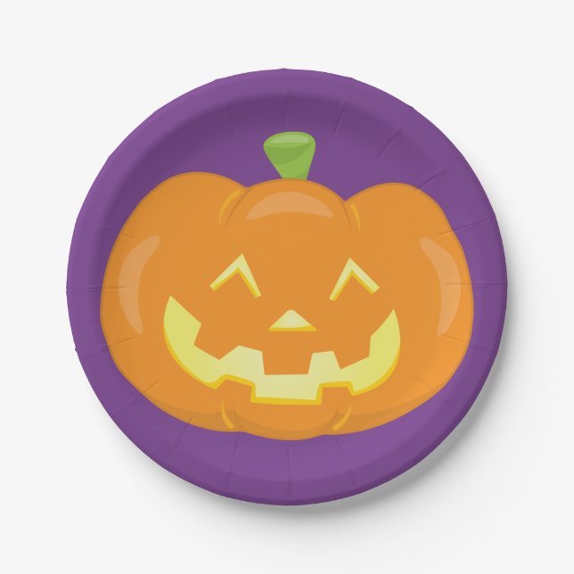 Prato De Papel Abóbora Jack O'Lantern Halloween Roxa Laranja (Frente)