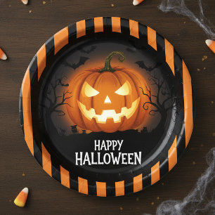 Prato De Papel Abóbora Lanterna Assustadora Feliz Halloween