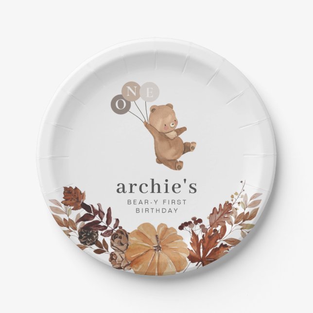 Prato De Papel Abóbora-Urso Teddy - primeiro aniversario (Frente)