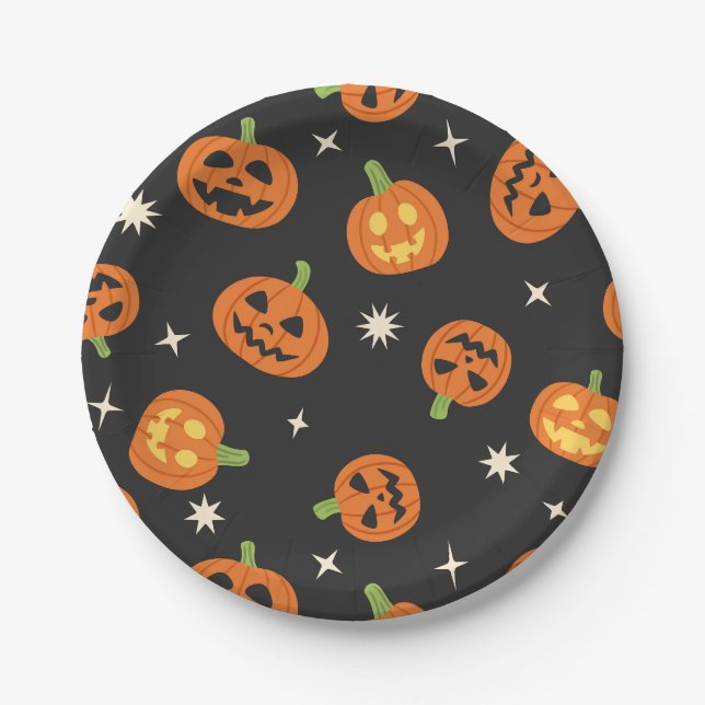 Prato De Papel Abóboras de Halloween Espalhadas em Preto (Frente)
