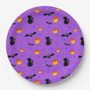 Prato De Papel Abóboras de Halloween & morcegos em roxo