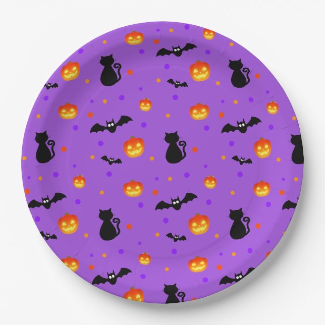 Prato De Papel Abóboras de Halloween & morcegos em roxo (Frente)