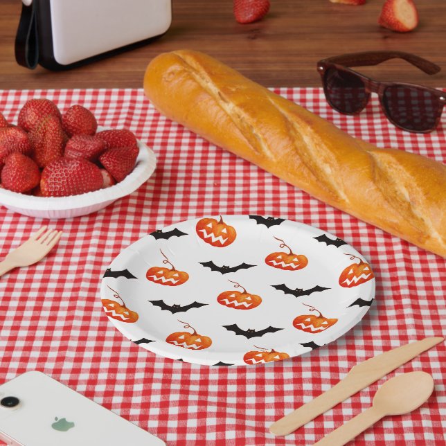Prato De Papel Abóboras e Morcegos de Halloween, Doce ou Travessu (Piquenique)