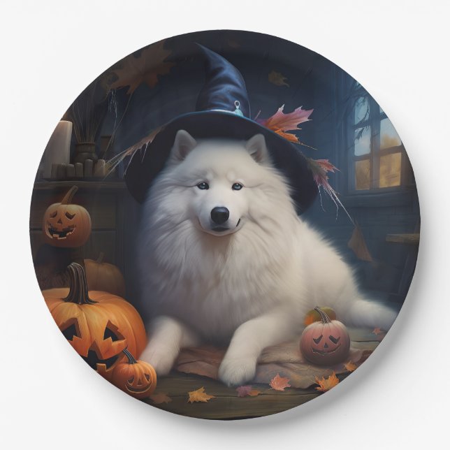 Prato De Papel Abóboras Samoyed Halloween Assustador (Frente)