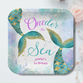 Prato De Papel Abram O Mar! Primeiro aniversario Roxo Sereia