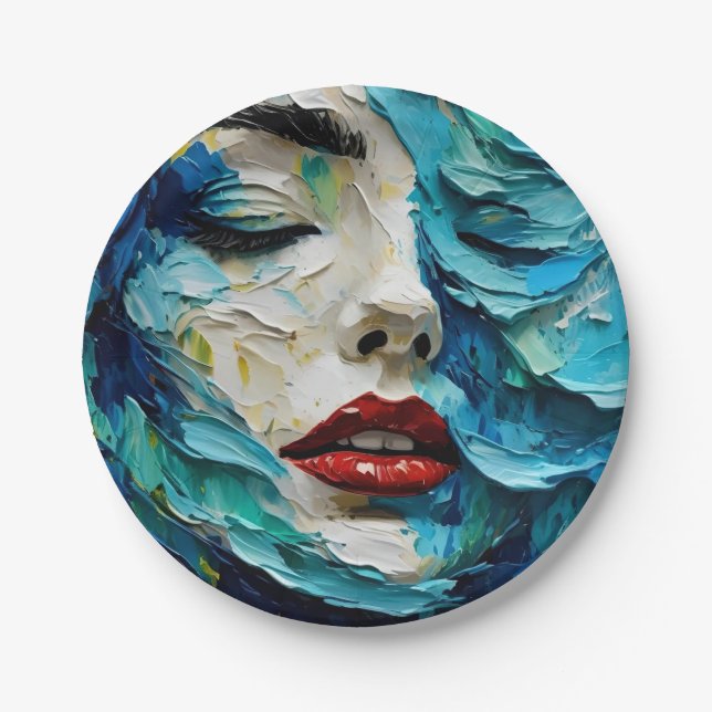 Prato De Papel Abstract art painting female face ocean waves (Frente)