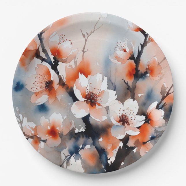 Prato De Papel Abstract Peach Blossom Spring Paper Plates (Frente)