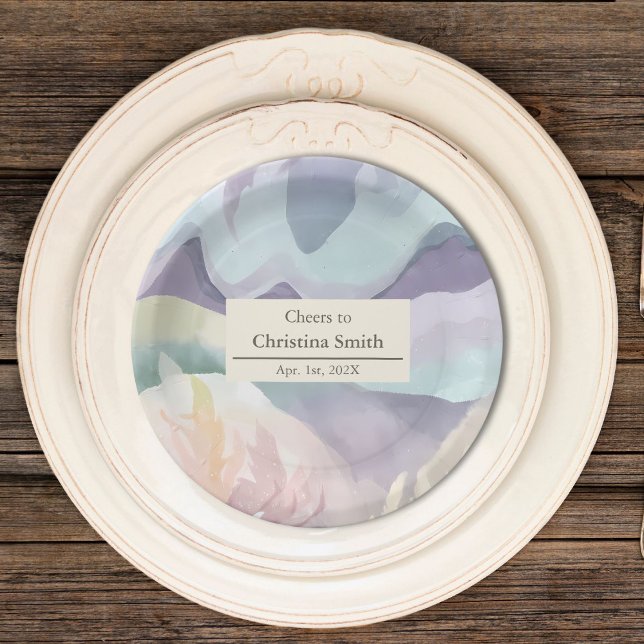 Prato De Papel Abstrato Contemporâneo de Aposentação de Cores de  (Abstract Contemporary Watercolor Retirement Party Paper Plates)