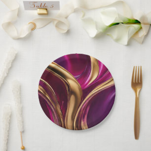 Prato De Papel Abstrato — Fluxo Arte-Fúcsia Roxo e Dourado-