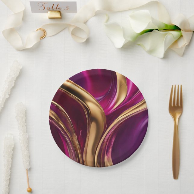 Prato De Papel Abstrato — Fluxo Arte-Fúcsia Roxo e Dourado- (Casamento)