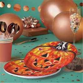 Prato De Papel Abstrato Laranja do Halloween Whimsical Jack-O-Lan