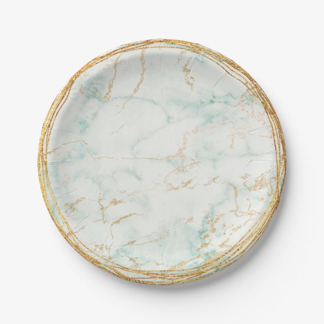 Prato De Papel Abstrato Mint Green Marble Ouro Vip (Frente)