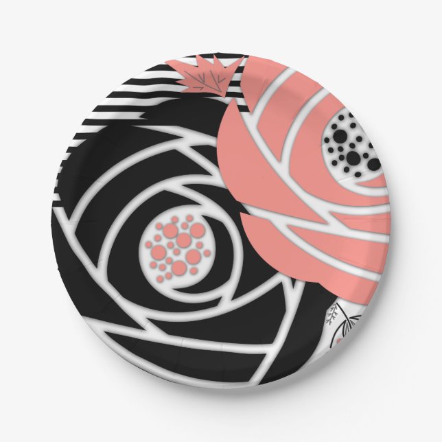 Prato De Papel Abstrato moderna forma flores preto floral (Frente)