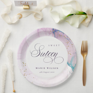 Prato De Papel Abstrato Pastel Purple Blue Teal Sweet 16 Aniversá