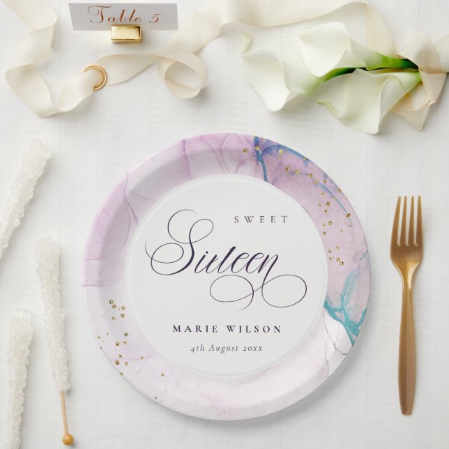 Prato De Papel Abstrato Pastel Purple Blue Teal Sweet 16 Aniversá (Casamento)