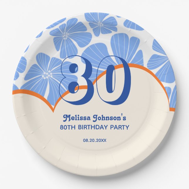 Prato De Papel Abstrato Retro Blue Chamomile Flower Aniversário (Frente)