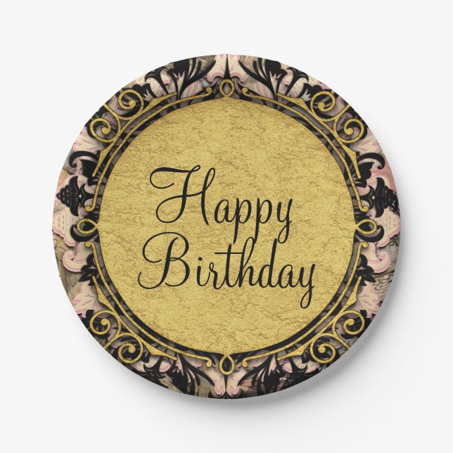Prato De Papel Abstrato Swirl - Festa de Grunge Preto e Dourado (Frente)