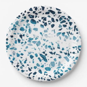 Prato De Papel Abstrato Terrazzo Mosaico Marinho e padrão azul cl