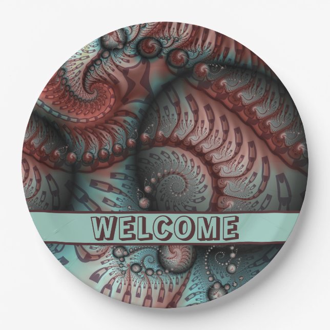 Prato De Papel Abstrato Vivid Fantasy Fractal Art Brown Blue (Frente)