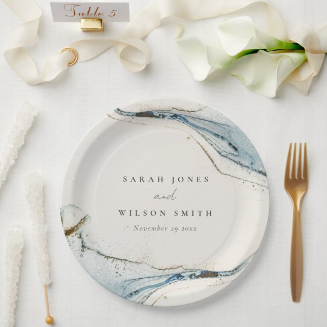 Prato De Papel Abstrato Watercolor Blue Beachy Weding (Casamento)