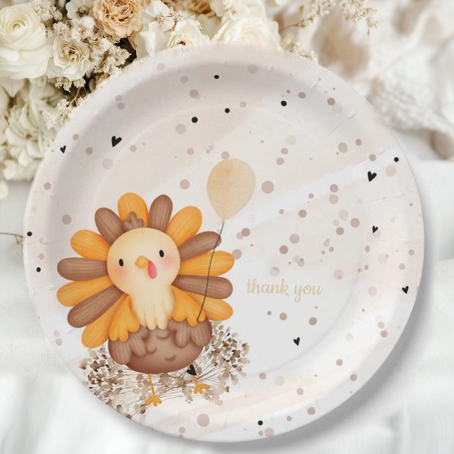 Prato De Papel Ação de Graças do Chá de fraldas da Turquia (Little Turkey baby shower Thanksgiving paper plates with turkey design, warm autumn colors, and fest)