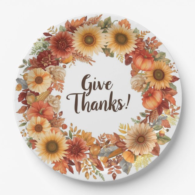 Prato De Papel Ação de Graças do outono com abóboras de flores (Frente)