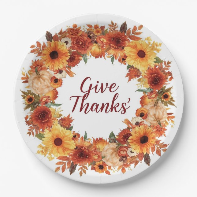 Prato De Papel Ação de Graças do outono com abóboras de flores (Frente)