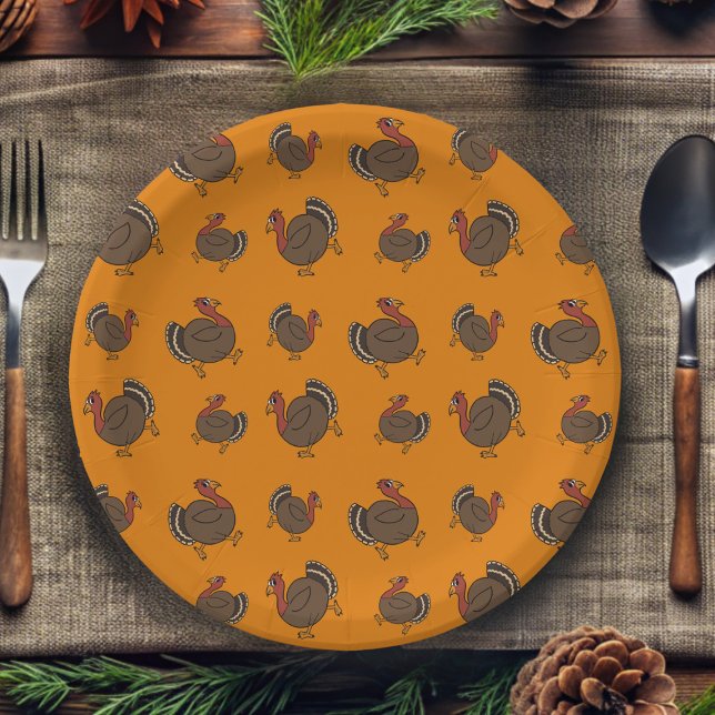 Prato De Papel Ação de Graças - Turquia Padrão - Laranja (Fun turkey pattern paper plate perfect for Thanksgiving)