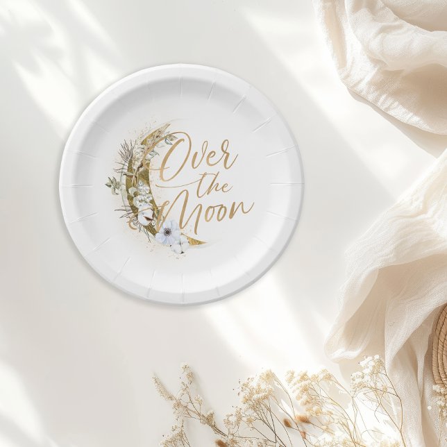 Prato De Papel Acima da Lua Boho Pó Dourado e Nuvens (Criador carregado)