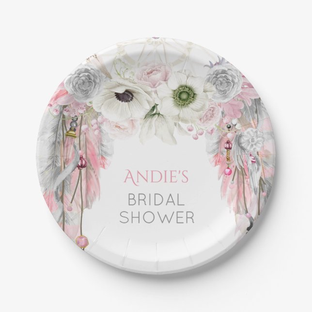 Prato De Papel Acrilizador de Sonhos Boho Rosa Cinza Cristais (Frente)