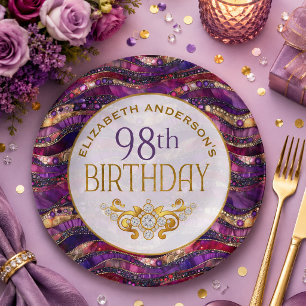 Prato De Papel Adesivo de Aniversário de 98 Anos Roxo e Dourado c