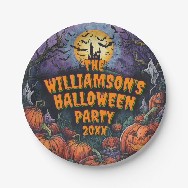 Prato De Papel Adicionar Nome Ano Festa de Halloween 7" (Frente)
