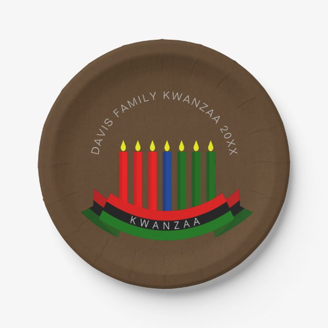 Prato De Papel Adicionar Nome Ano Kwanzaa Velas 7" (Frente)