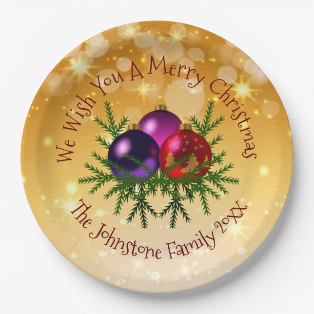 Prato De Papel Adicionar nome correspondente ao Natal na Dourada  (Frente)