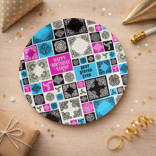 Prato De Papel Adicionar Nome e Relação Aniversário Magenta e Azu