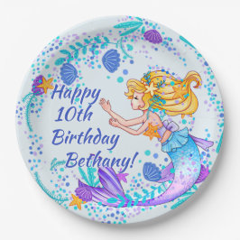 Prato De Papel Adicionar Nome Texto Loiro Sereia Azul Mauve Parte