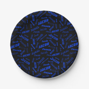Prato De Papel Adicione qualquer nome ou palavra Azul e Preto