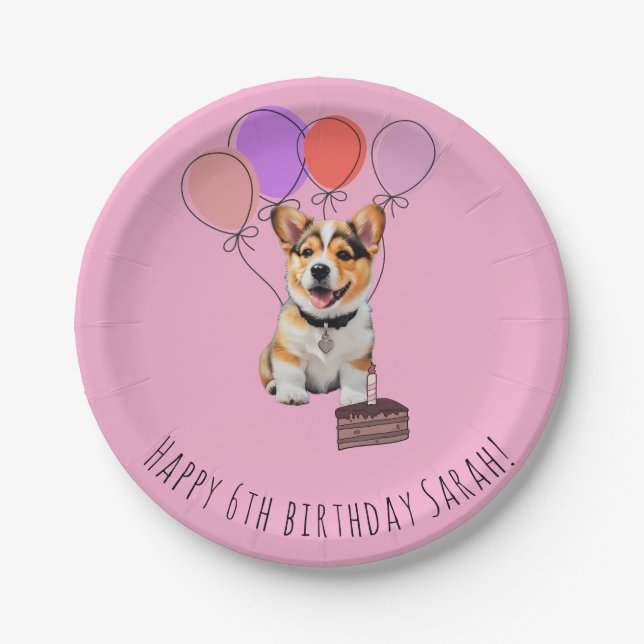 Prato De Papel Adorable Pink Corgi Birthday Personalizável (Frente)