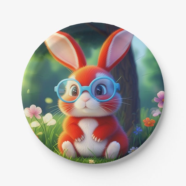 Prato De Papel Adorable Red Bunny under Tree Cartoon-75767 (Frente)