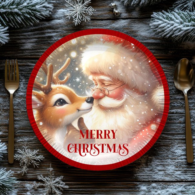 Prato De Papel Adorable Santa Claus and Rudolph Party Plates (Adorable Santa Claus and Rudolph Party Plates)