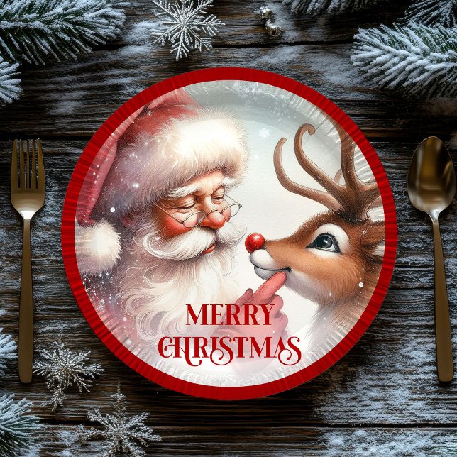 Prato De Papel Adorable Santa Claus Rudolph Christmas Paper Plate (Adorable Santa Claus Rudolph Christmas Paper Plates)