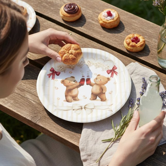 Prato De Papel Adorable Teddy Bear "Ready to Pop" Baby Shower  (Criador carregado)