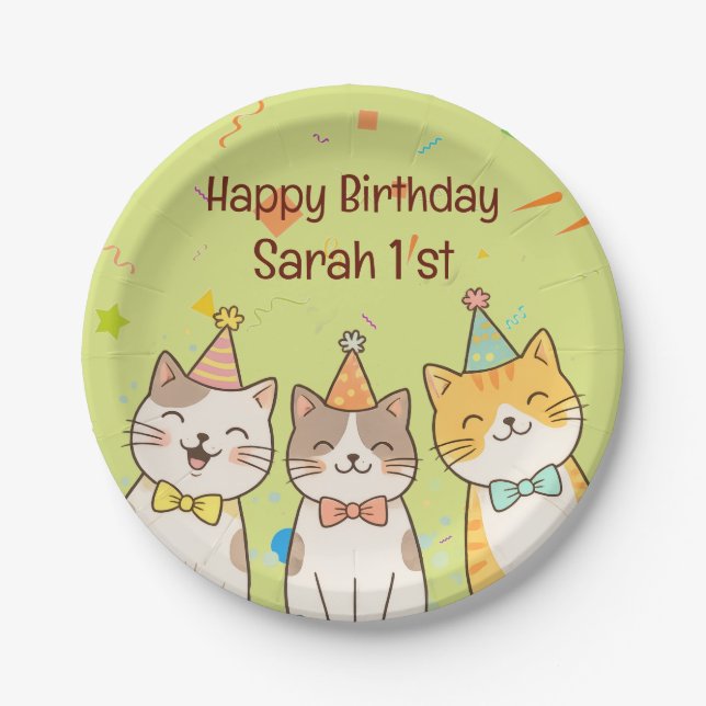 Prato De Papel Adorable Trio of Birthday Cats | Custom Name & Age (Frente)
