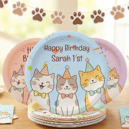 Prato De Papel Adorable Trio of Birthday Cats | Custom Name & Age
