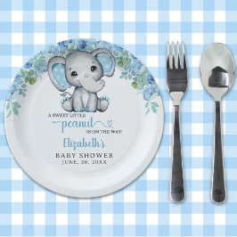 Prato De Papel Adorable Watercolor Blue Elephant Baby shower Boy