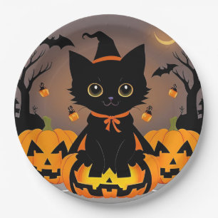 Prato De Papel Adorável gatinho preto em chapéu de bruxa