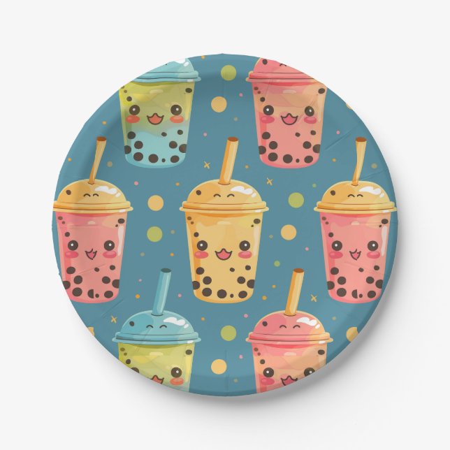 Prato De Papel Adorável Kawaii Boba Drink Design (Frente)
