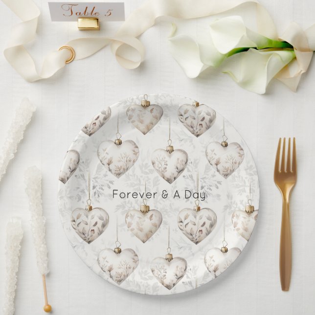 Prato De Papel Adornos Corações Cinza Creme Chic Casamento (Casamento)