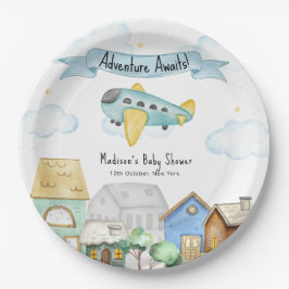 Prato De Papel Adventure Awaits Aviator Airplane Baby Shower