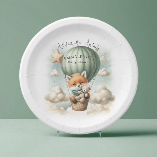 Prato De Papel Adventure Awaits Hot Air Balloon Fox Baby Shower (Criador carregado)